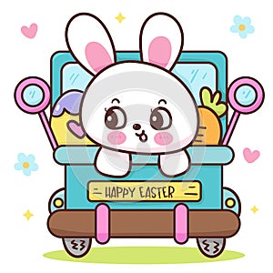 Cute bunny easter in truck car with eggs and carrot. Series: Kawaii animals rabbit egg hunting
