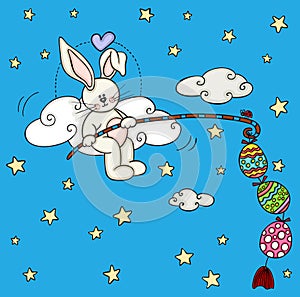 Cute bunny fishing a easter eggs