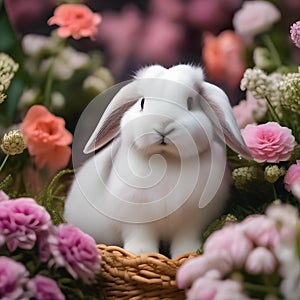 A cute bunny with floppy ears, sitting in a bed of flowers1