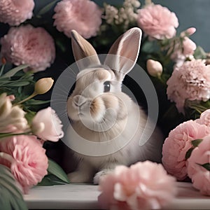 A cute bunny with floppy ears, sitting in a bed of flowers2