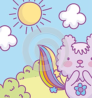 Cute bunny flowers rainbow grass sun clouds cartoon