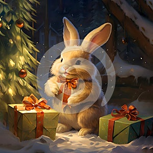 Cute bunny and gifts under the Christmas tree