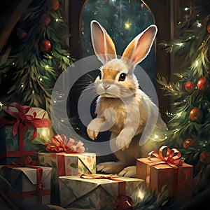 Cute bunny and gifts under the Christmas tree