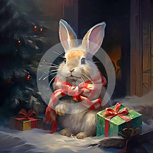 Cute bunny and gifts under the Christmas tree