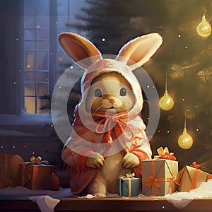Cute bunny and gifts under the Christmas tree