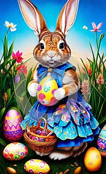 Cute Bunny Girl Holding a Nice Painted Egg - Beautiful Colorful Easter Painting