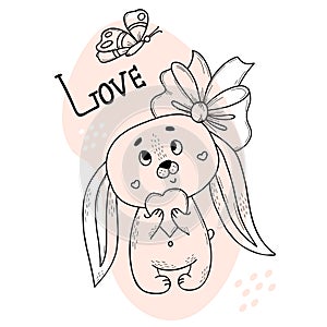 Cute bunny girl with a huge bow and a heart. Vector illustration. Postcard in the style of hand drawn linear doodles