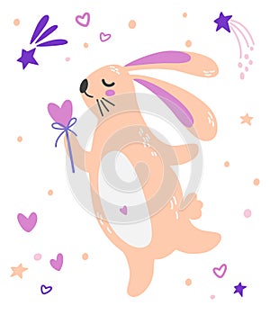Cute bunny girl with magic wand. Cartoon rabbit, hearts, stars and ribbon. Animal character. Childish print for apparel, nursery,
