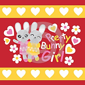 Cute bunny girls, love and flowers suitable for birthday invitation