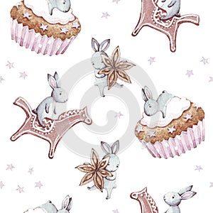 Cute bunny. Hand drawn watercolor seamless pattern with rabbit cartoon animals, birthday cake, anise, gingerbread and star. Celebr