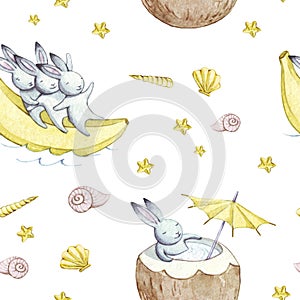Cute bunny. Hand drawn watercolor seamless pattern. Wallpaper with party babana, coconut, shell, starfish and fantasy rabbits cart