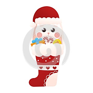 Cute bunny hiding in christmas socking in cartoon style, isolated on white background, clip art for poster design photo