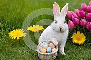 cute bunny holding basket with colorful Easter egg on green grass with spring flowers