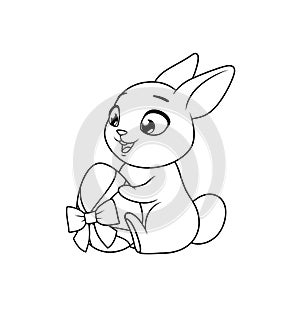 Cute bunny holding Easter egg. Cartoon vector coloring page.