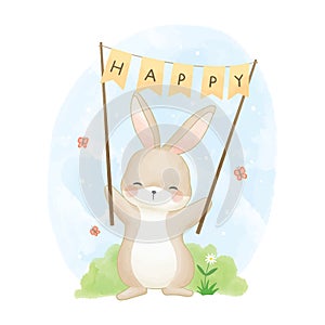 Cute bunny holding a Happy banner sign vector doodle hand drawn illustration