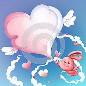 Cute bunny holding a paw cloud heart. St. Valentine's Day.