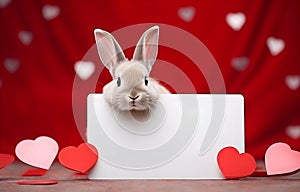cute bunny holds a white blank sign in its paws on red hearts bokeh background