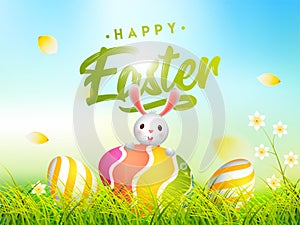 Cute bunny illustration with colorful easter eggs hidden in grass on shiny sky view background.
