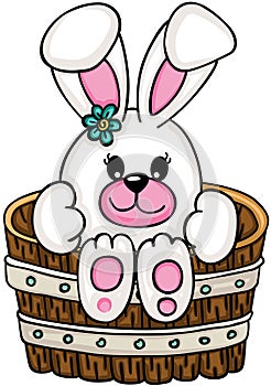 Cute bunny inside a wooden tub