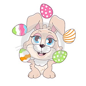 Cute bunny juggling Easter eggs kawaii cartoon vector character