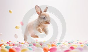 Cute bunny jumping around on floor with colorful easter eggs on white background