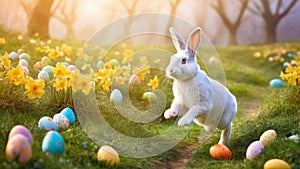 cute bunny jumping on green grass with spring flowers and colorful Easter eggs