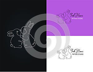 Cute bunny kissing in the line art style for tattoo studio, business minimalistic logo