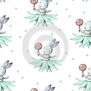 Cute Bunny with maraca. Seamless Pattern with rabbit. Watercolor white background. Cartoon hare illustration for kids. For print, photo