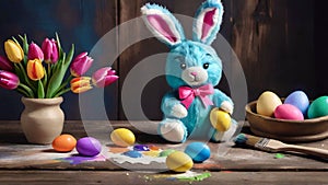 A cute bunny is painting the Easter eggs near the fresh multicolour tulips