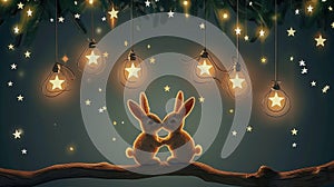 Cute Bunny Pair Under Star Lights and Hanging Lanterns photo