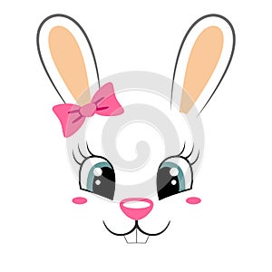 Cute bunny with pink bow. Girlish print with rabbit face for t-shirt