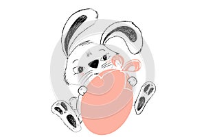 Cute bunny with pink Easter egg for gift hand drawn in black and white