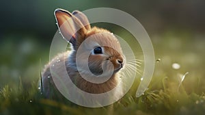 Cute bunny playing in the grass with morning dew drops and isolated blur background