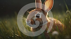 Cute bunny playing in the grass with morning dew drops and isolated blur background