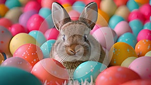 Cute bunny with a plethora of vibrant Easter eggs.