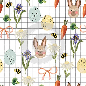 Cute bunny rabbit and bee flowers blooming seamless pattern in cartoon style seamless repeat