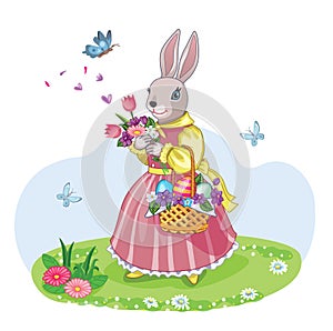 Cute Bunny or rabbit with bouquet flowers and Easter basket. Isolated cartoon illustration for print or sticker.