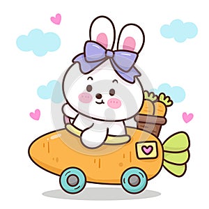 Cute bunny rabbit drives a carrot car delivery vegetable. Series: Kawaii vector animal driving Happy Easter egg hunting