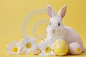 Cute bunny rabbit, easter eggs and flowers. Concept of happy easter day