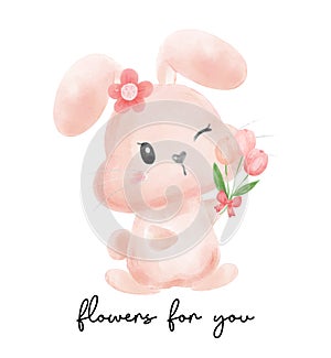 Cute bunny rabbit girl smile face flowers for you cartoon watercolour vector, baby bunny