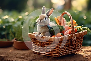 Cute Bunny Rabbit Harvesting Carrot Vegetables in Garden with Basket during Harvest Season