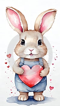 Cute bunny rabbit heart hare, watercolor illustration for valentines day card or print