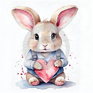 Cute bunny rabbit heart hare, watercolor illustration for valentines day card or print