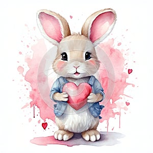 Cute bunny rabbit heart hare, watercolor illustration for valentines day card or print