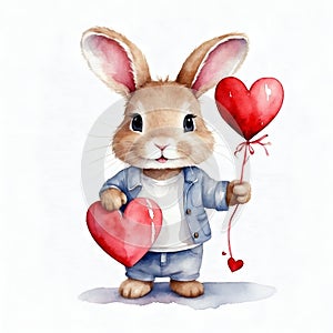 Cute bunny rabbit heart hare, watercolor illustration for valentines day card or print