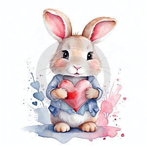 Cute bunny rabbit heart hare, watercolor illustration for valentines day card or print
