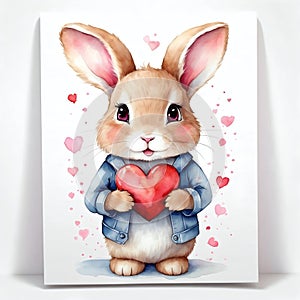 Cute bunny rabbit heart hare, watercolor illustration for valentines day card or print