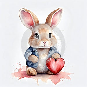 Cute bunny rabbit heart hare, watercolor illustration for valentines day card or print