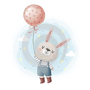 Cute bunny rabbit with pink balloon in polka dot  flying in the sky