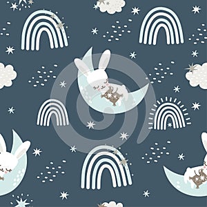 Cute bunny, rabbit sleeping on the moon. Night sky and stars. Rainbows, stars, clouds